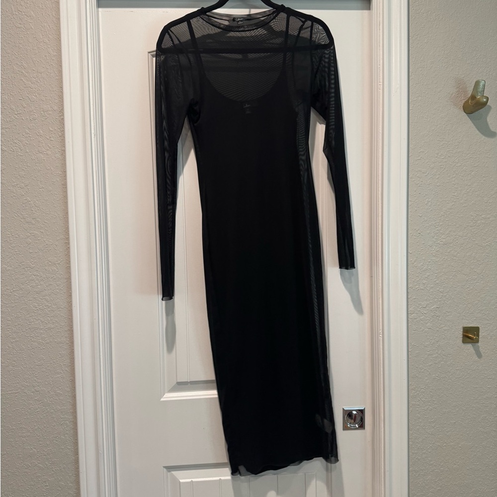 Lulu's Elegant Black Mesh Long Sleeve Dress